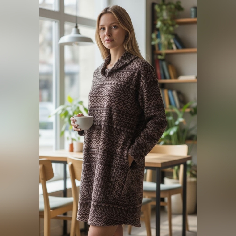 Uncle Frank sz small Aztec print brown black cowl neck dress